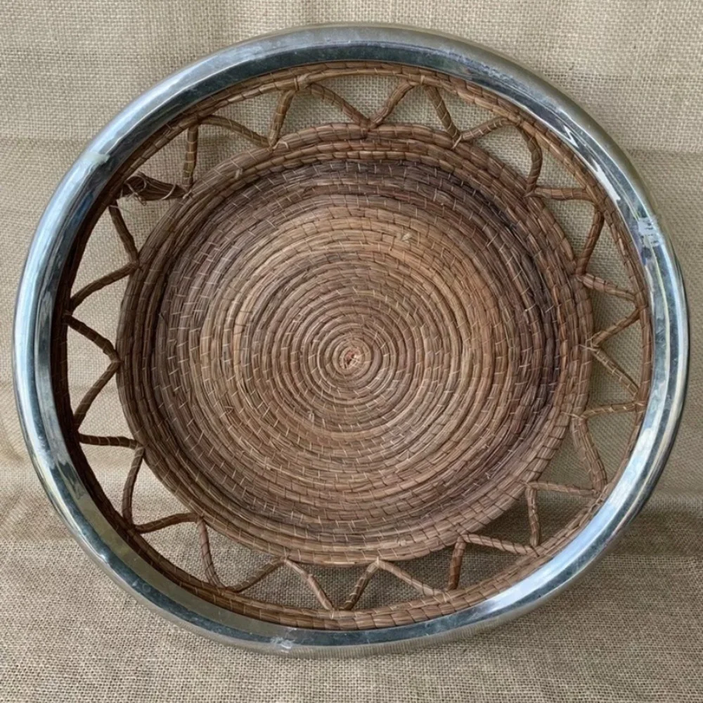 Vintage Rope Basket Silver Trim Wedding Serving Bowl Boho